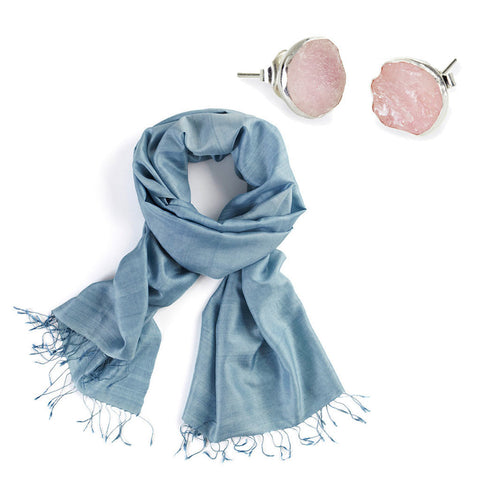 Pale Blue Silk Scarf + Silver Pink Quartz Studs - Afghanistan